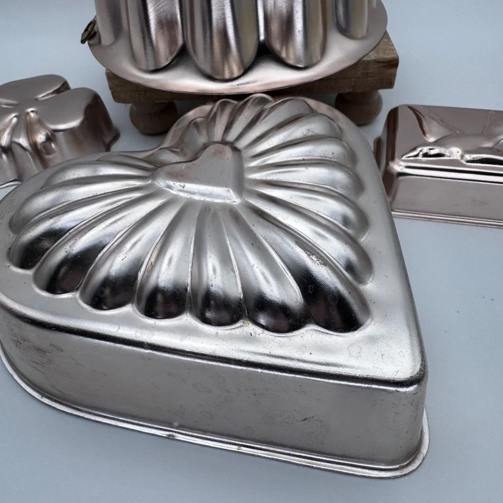 Vintage Copper Aluminum Jello Mold Set Heart Shamrock Bird Fluted 4pc Kitchen